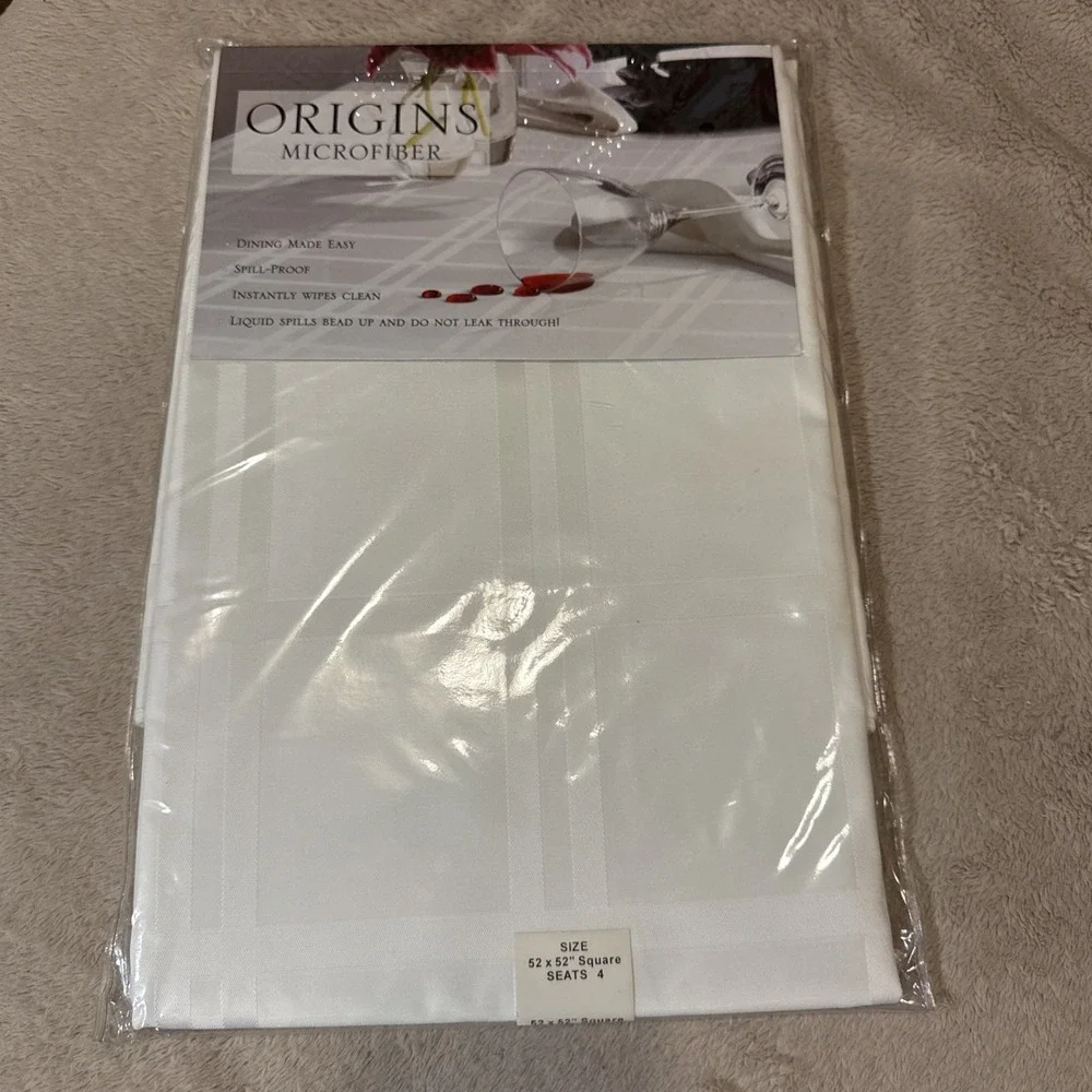 Vintage Origins Microfiber Tablecloth White Square 52x52 Square Spill Proof NEW